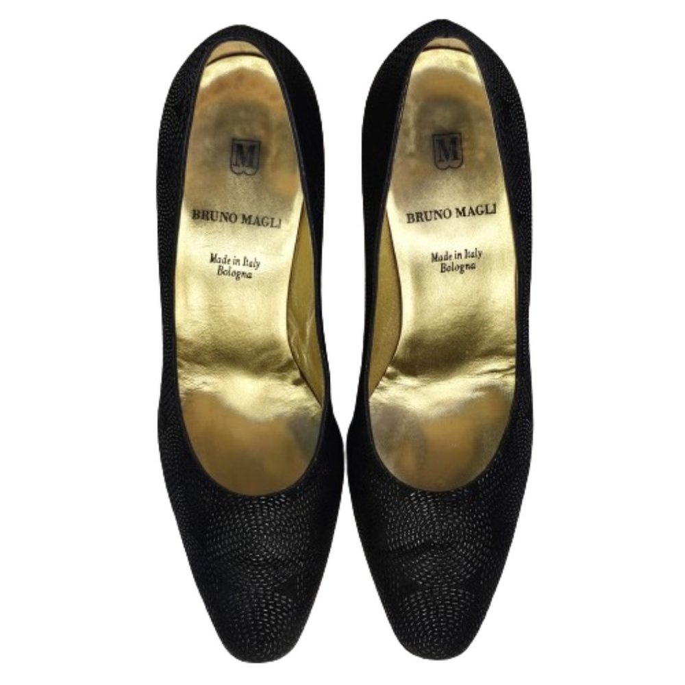 Bruno Magli Black Suede Embossed Vintage Mid Alomond Toe Pump Heel Shoes Sz 6.5 - Picture 9 of 13